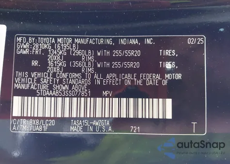 2025 Toyota Grand Highlander Limited z USA, uszkodzony, nr VIN 5TDAAAB53SS077851